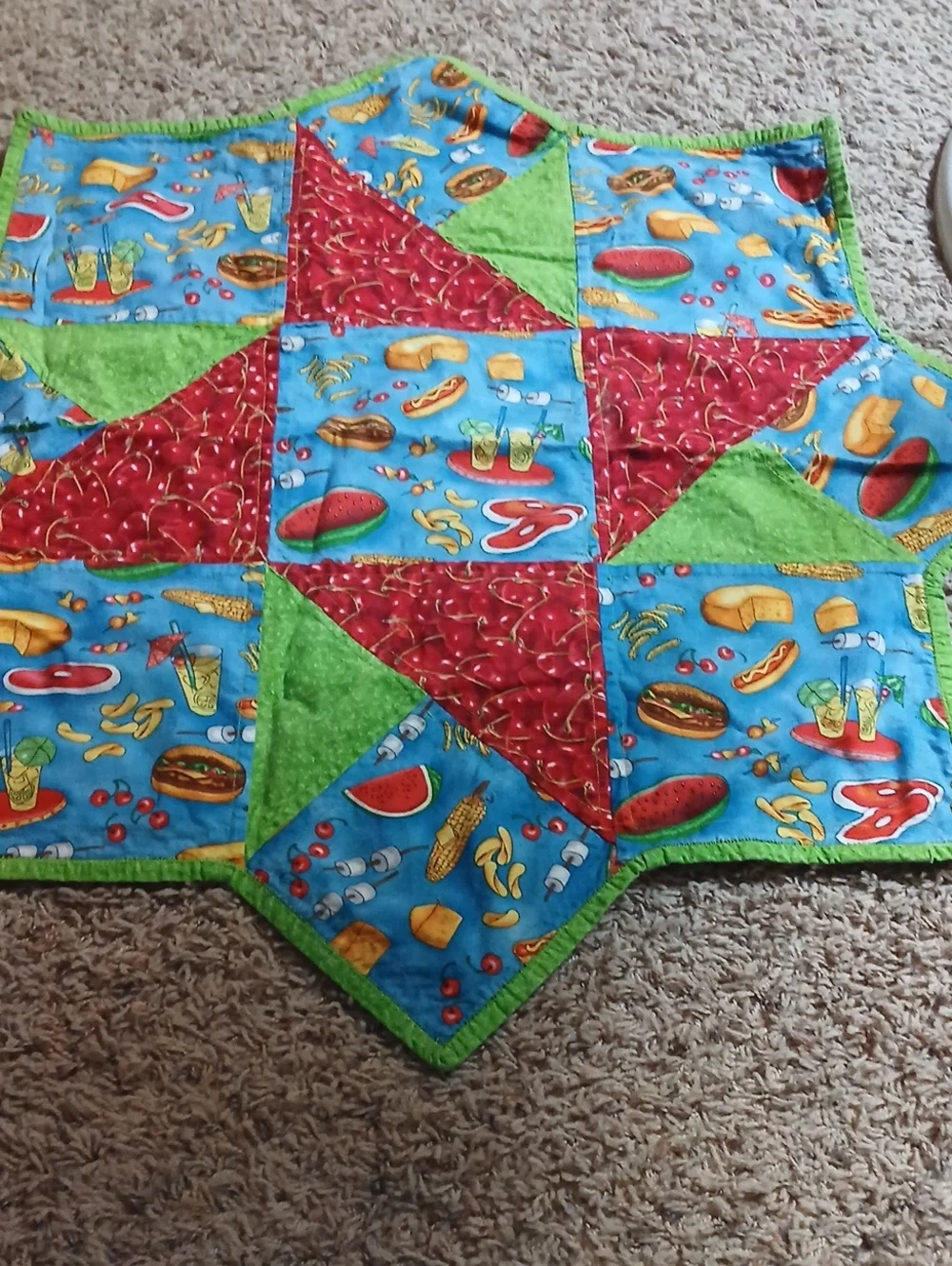 Star Patchwork Picnic Quilt - Blue, Red, Green